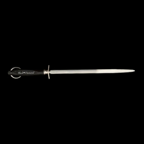 Long chef knife with black-and-white handle accents, stainless blade