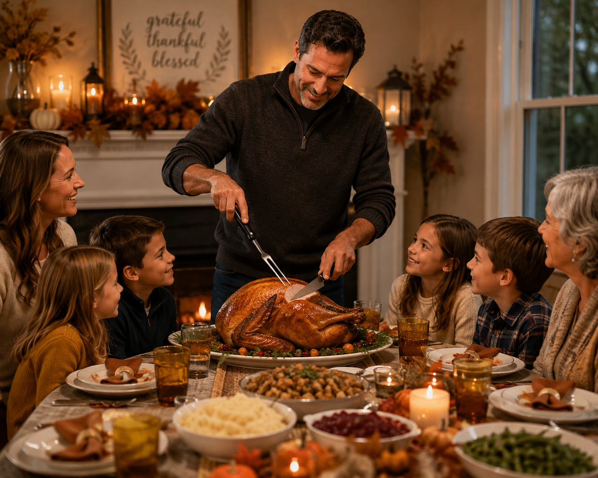 Chef using a forged carving fork to carve roast at a family dinner table