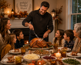 Chef using a forged carving fork to carve roast at a family dinner table